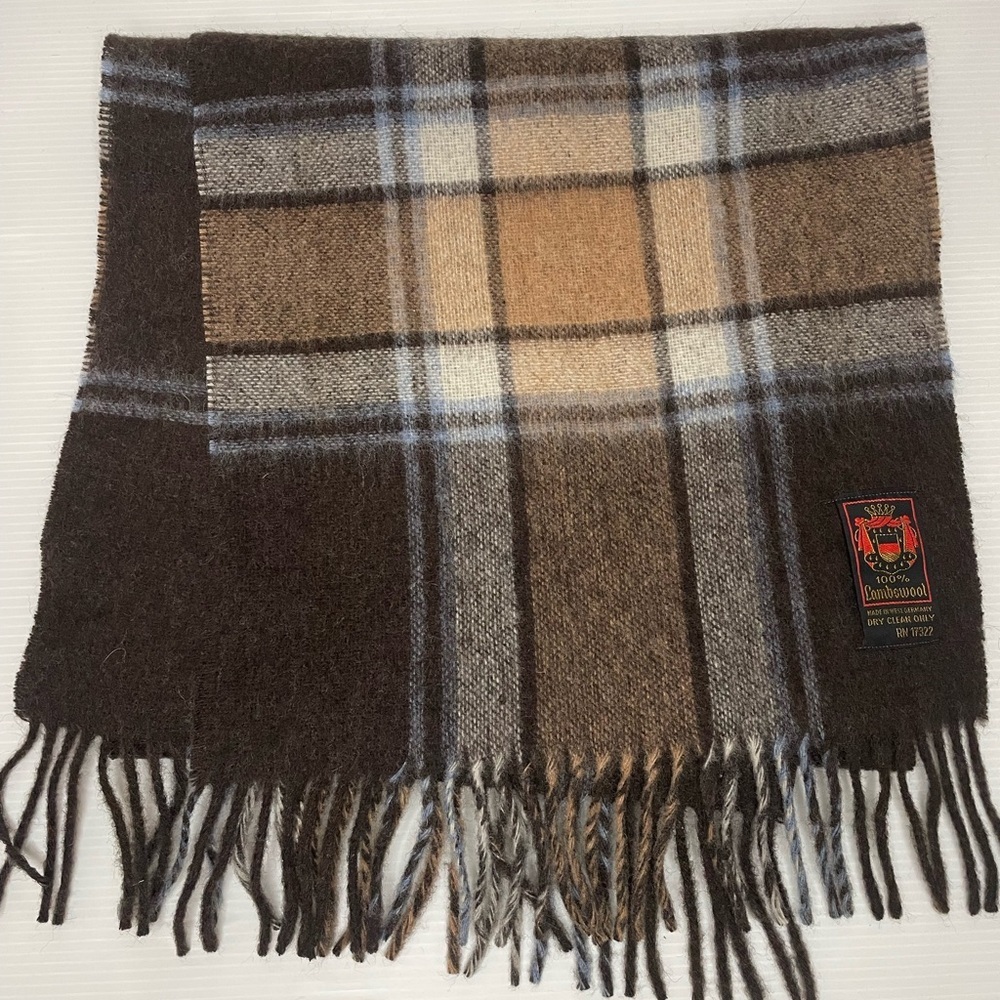 VTG Lambswool Brown Tan Plaid Scarf Made In West Germany 51” Long